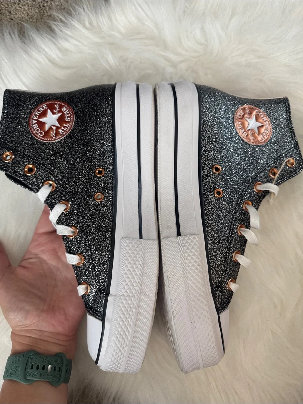 Converse High Top Sneakers - Black Glitter with Rose Gold Details